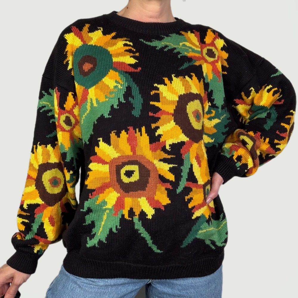 Christine Foley Sunflower Floral Knit Sweater Black Vintage Vtg Black Cotton L‎